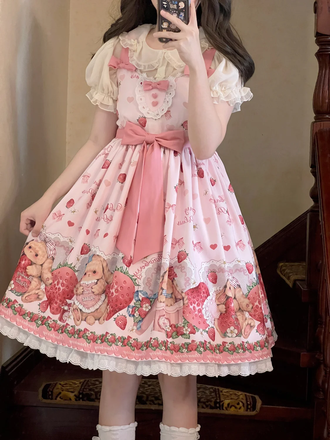 Sweet Lolita Jsk Dress Strawberry Cartoon Cute Rabbit Print Suspenders Dress Japanese Summer Women Kawaii Party Dresses