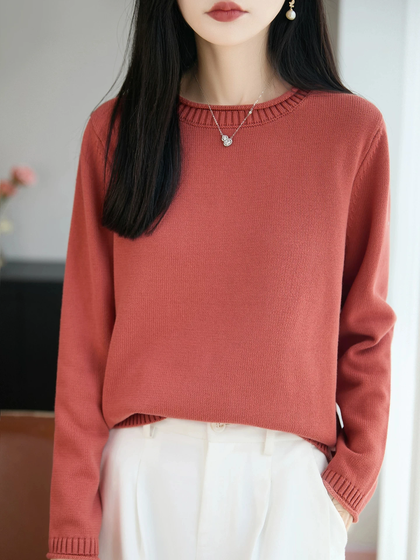 Minimalist Style Pure Cotton round Neck Sweater Women's Loose Overhead Knitted Shirt Versatile Warm Top for Autumn Winter