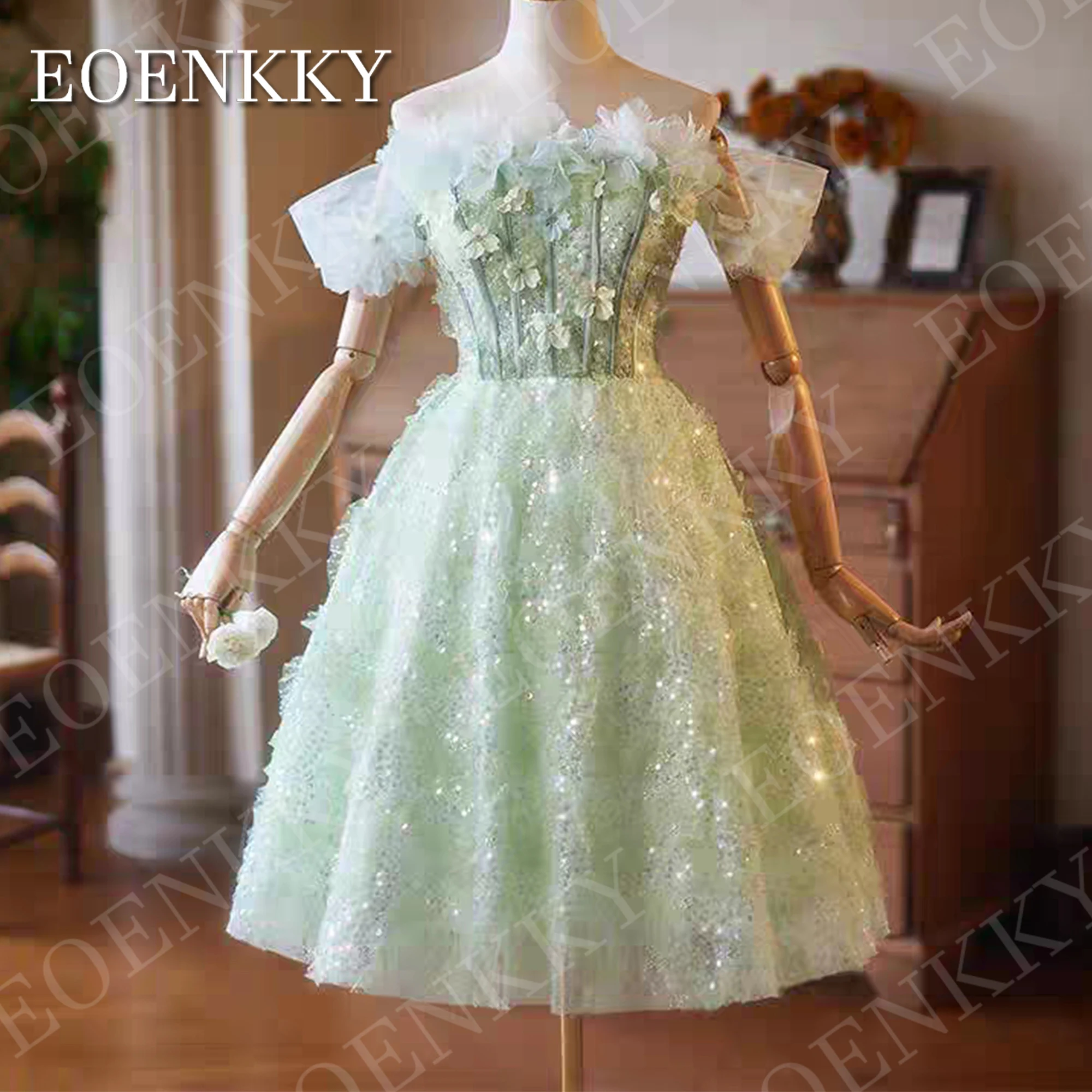 

EOENKKY Sparkly Short Prom Party Dresses for Woman Luxury 3D Flowers Off Shoulder A Line Cocktail Dress Customized Knee Length