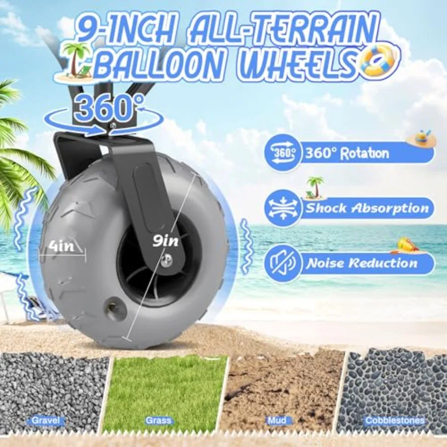 Beach Wagon for sand, heavy-duty collapsible wagon with 9 all-terrain inflatable tires, foldable beach cart in black, durable p