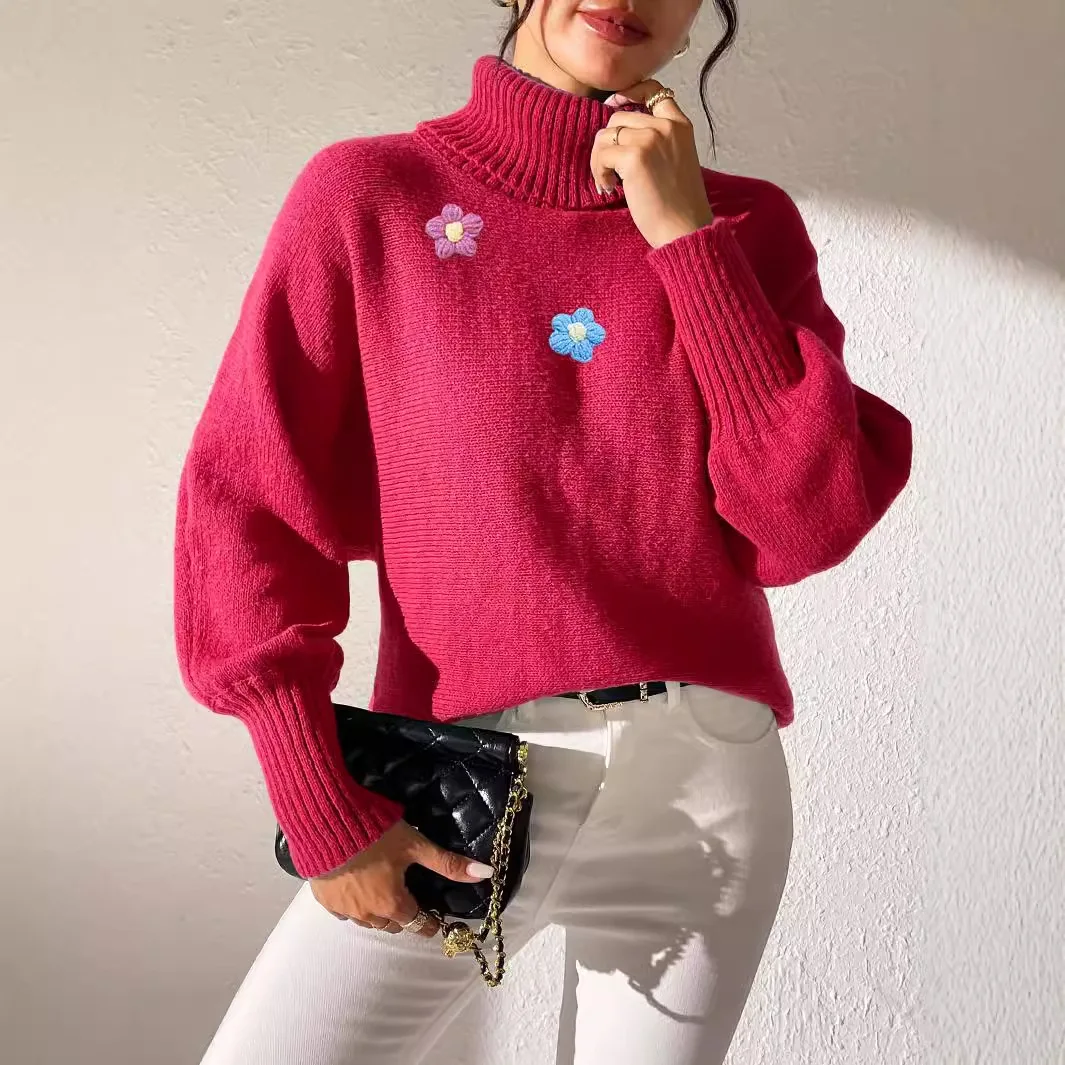 

Women Autumn Solid Color Top with Hand Hook Flower Splicing High Collar Sweater Fashion Tops 2025 M