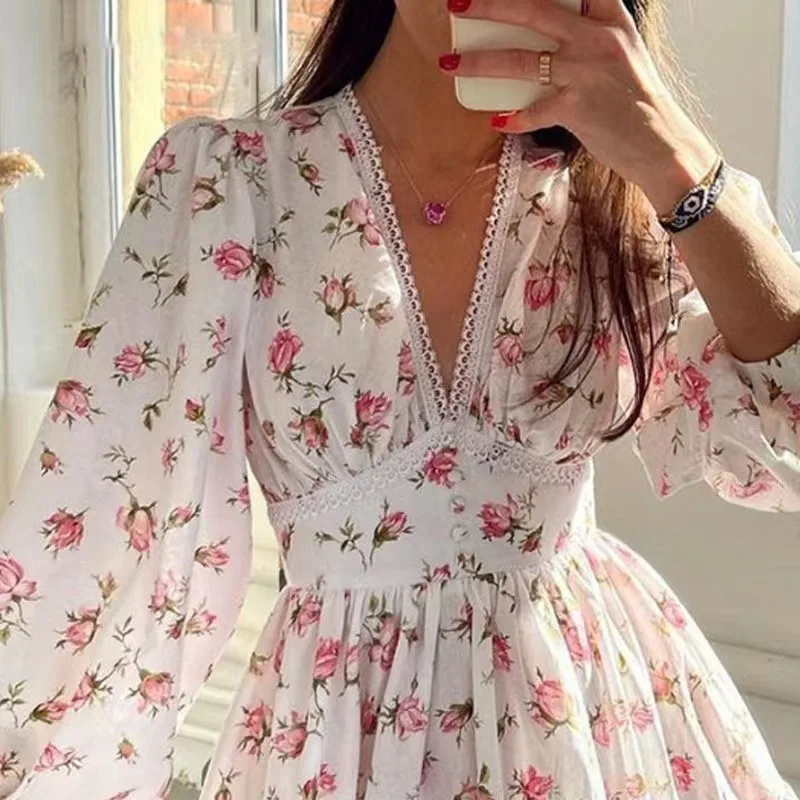 

GlowChic Women Floral Print Mini Dress High Waist A-Line Long Sleeve V-Neck Dresses Vintage Beach Vacation Casual Vestidos