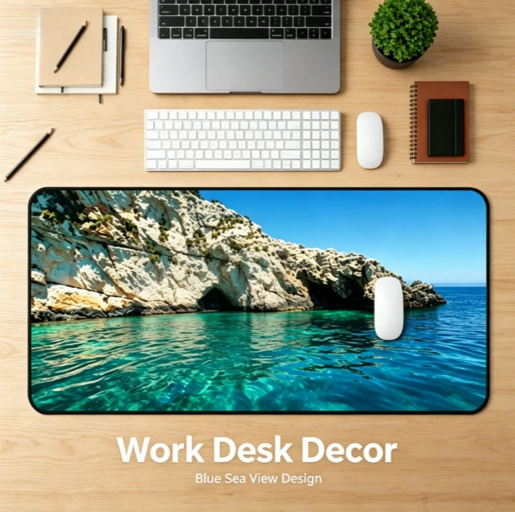 Sea Cave Cliff Large Desk Mat Playmat Natural Ocean Scenery Gaming Mouse Pad, Non-Slip Rubber Keyboard Table Mat for Office Game
