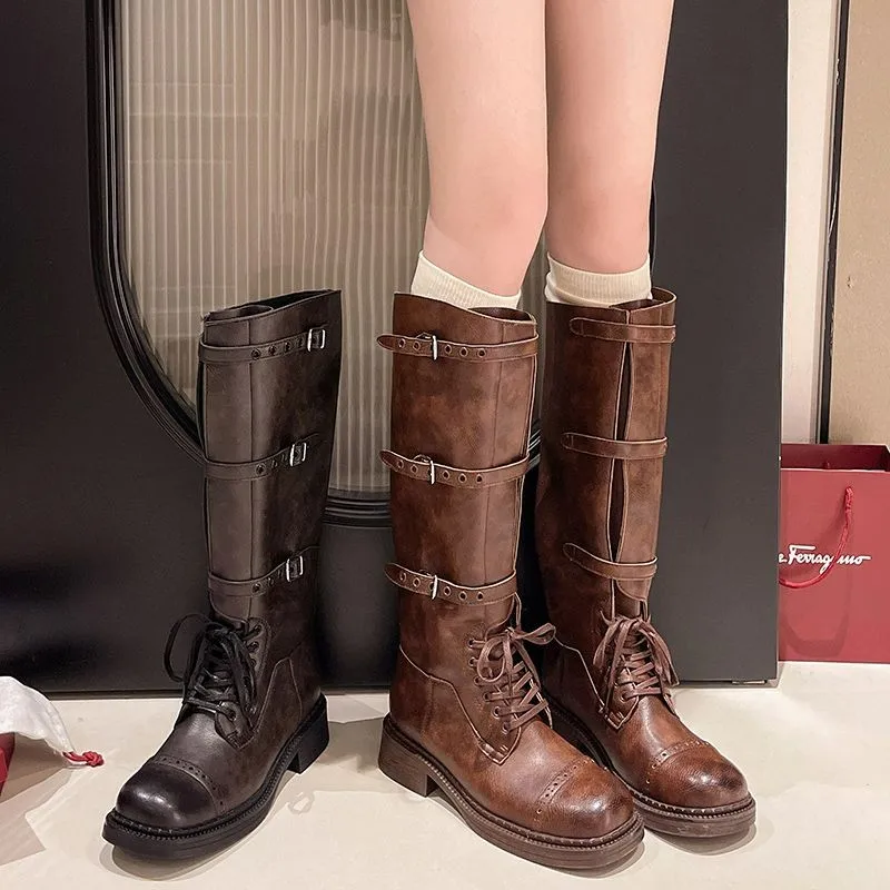 Women Vintage Distressed Knee High Riding Boots Three Buckle Lace Up Low Heel Western Cowboy Knight Long Boots Casual Shoes