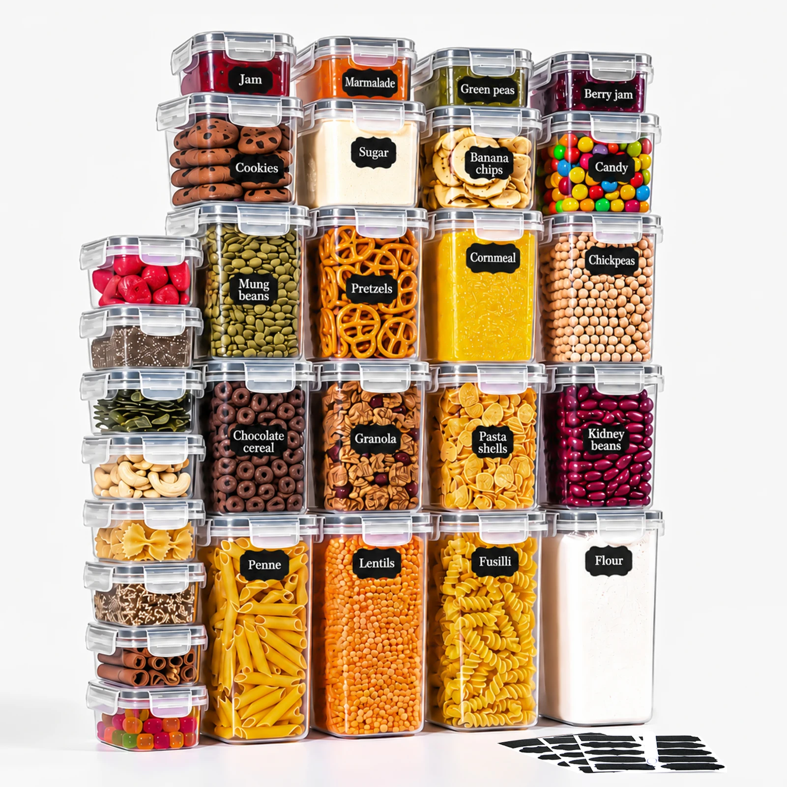 Juego de 28 Recipientes Herméticos para Alimentos con Tapas, Botes de Plástico Apilables para Organización de Cocina y Despensa, Sin BPA, Incluye 1 Rotulador y 30 Etiquetas
