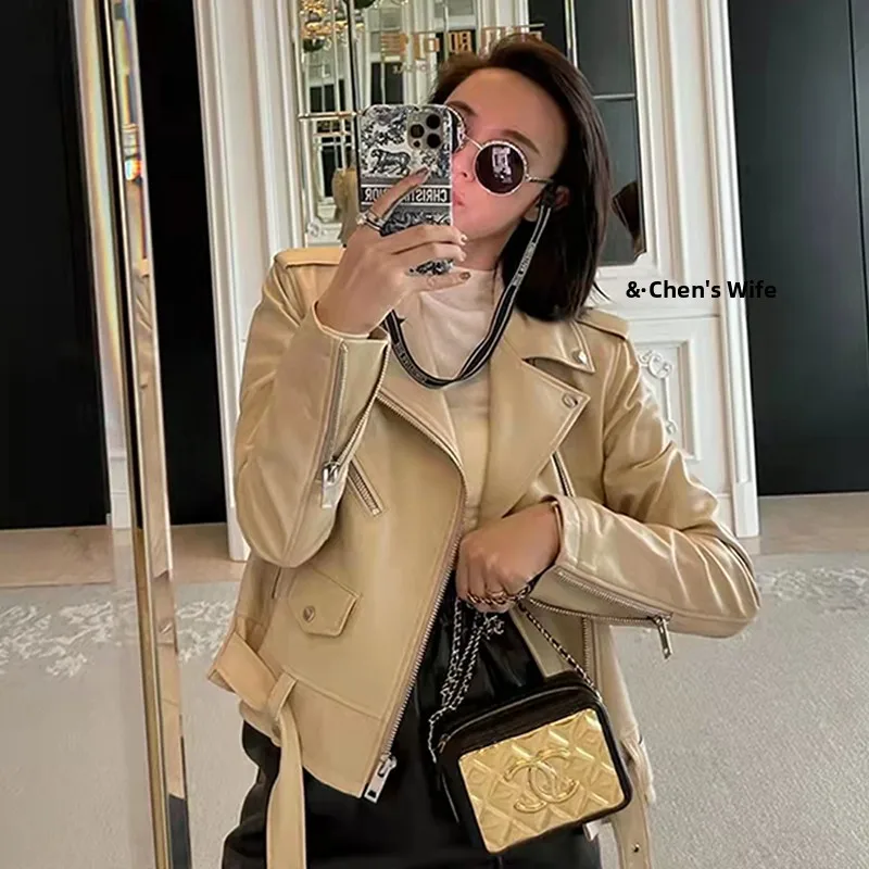 Chen sra. novo couro genuíno motociclista jaet ort eepskin feminino emagrecimento terno colarinho outerwear zíper longo sve primavera