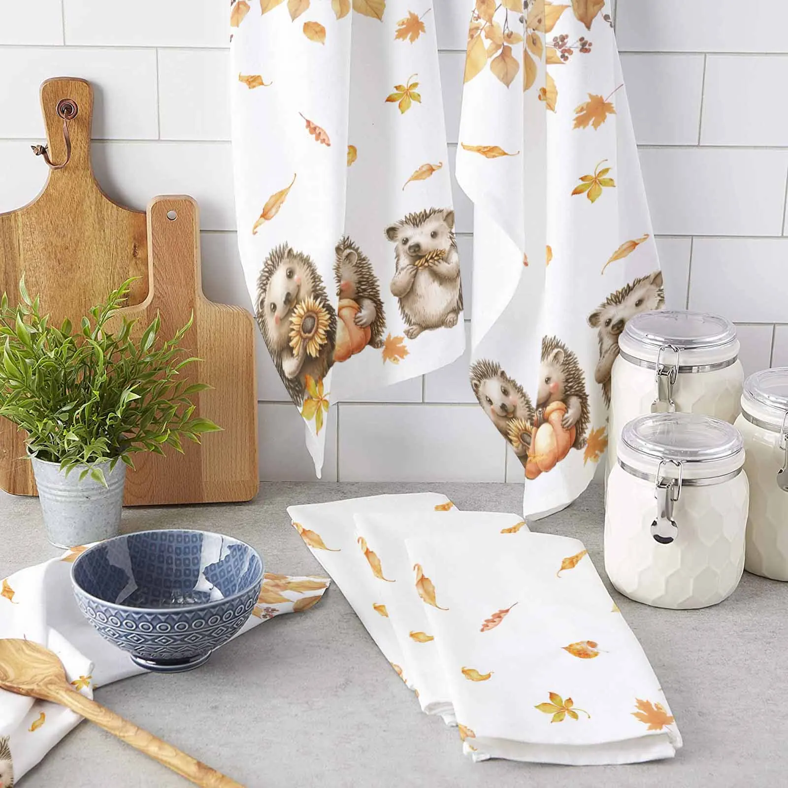 Autumn Watercolor Pumpkin Mushroom Hedgehog Towel Set Cleaning Cloth Kitchen Accessories Dish Washing Cloth Household