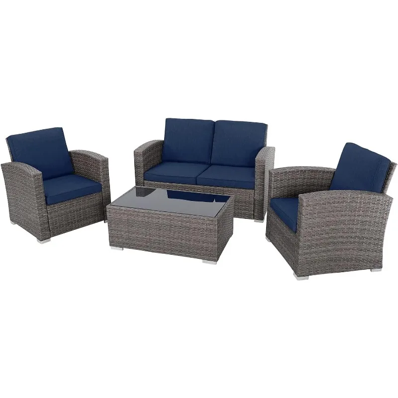 4 Piece Outdoor Patio Furniture Set, All-Weather Wicker Patio Conversation Set, PE Rattan Loveseat Sofa Chair Set