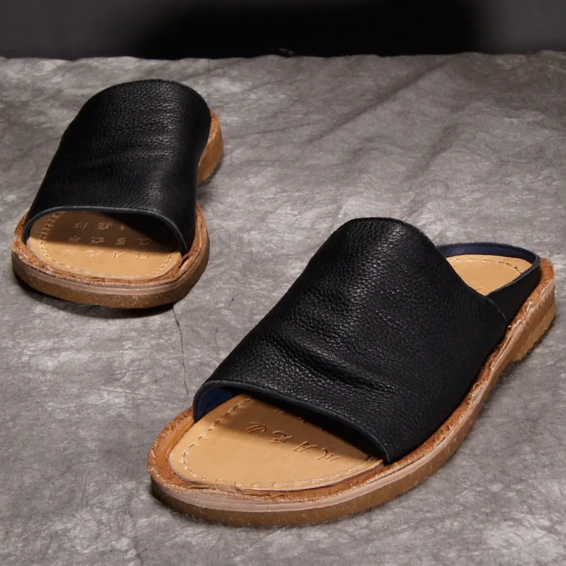 Handmade Genuine Leather Comfortable Open Toe Casual Summer Men's Slippers Fashion Cowhide Sandals Male Sandalias Hombre
