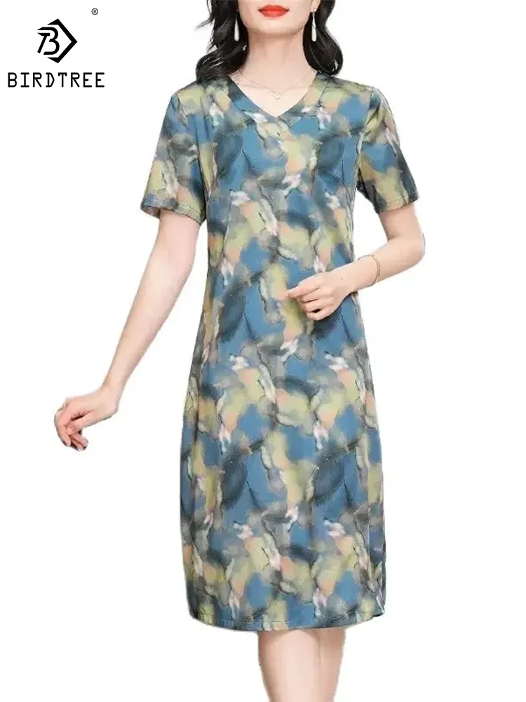 BirdTree 91.8% Mulberry Silk Women Dresses, Short Sleeve V-Neck Tie Dye Print, Elegant Fashion Retro Dress, 2024 Spring D42282QM