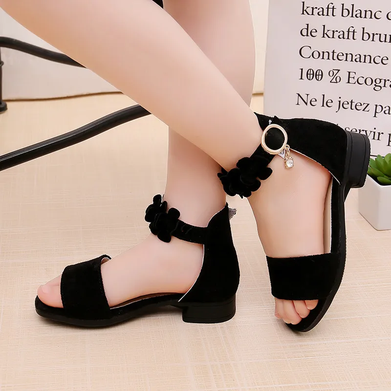 Girls summer high-heeled sandals 2022 new Korean version children's students flat black princess sandals 5 6 7 8 9 10 11 12 year