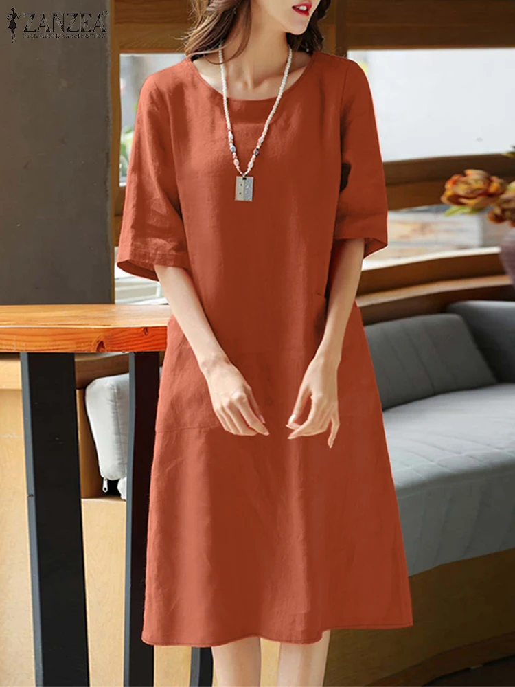 ZANZEA Autumn Cotton Linen T-Shirt Dress Women Casual O-Neck Half Sleeve Knee-Length Robes Femme Everyday Wear Solid Vestidos