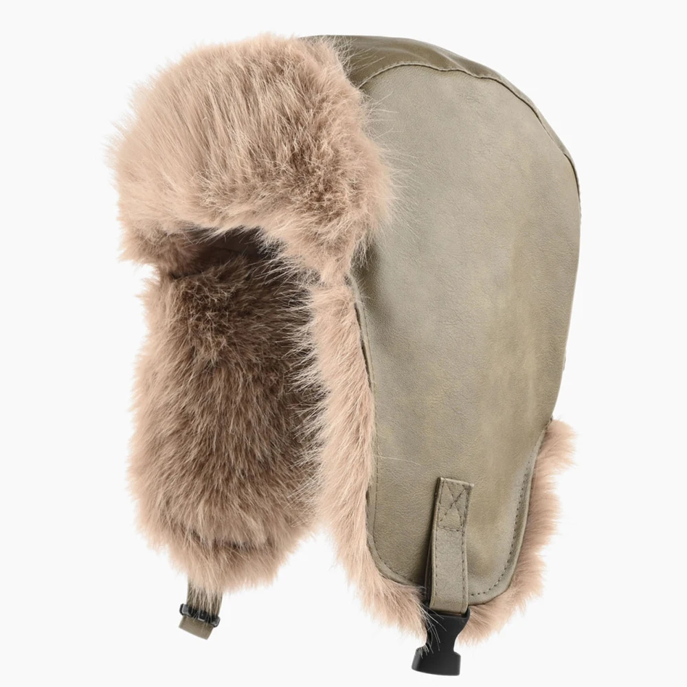 HT5197 Bomber Hat Waterproof PU Leather Winter Hat Men Women Windproof Snow Ski Trapper Earflap Cap Male Female Russian Fur Hats