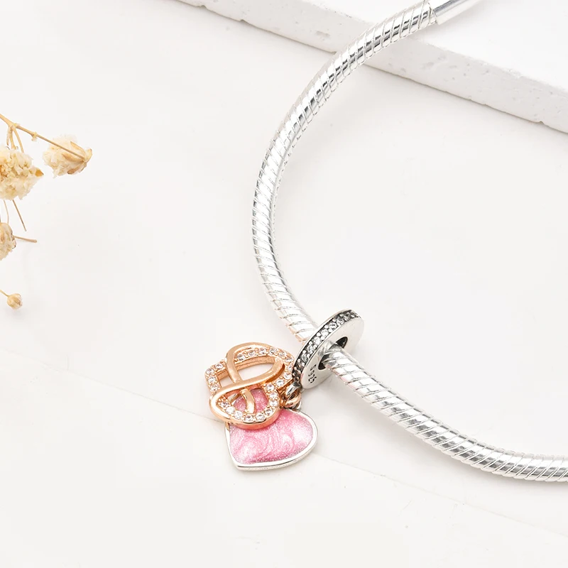 جديد الأوروبيين الوردي الأصلي سحر الحب جرعة زجاج مورانو القلب استرخى حبة صالح 925 فضة سوار DlY النساء مجوهرات #6