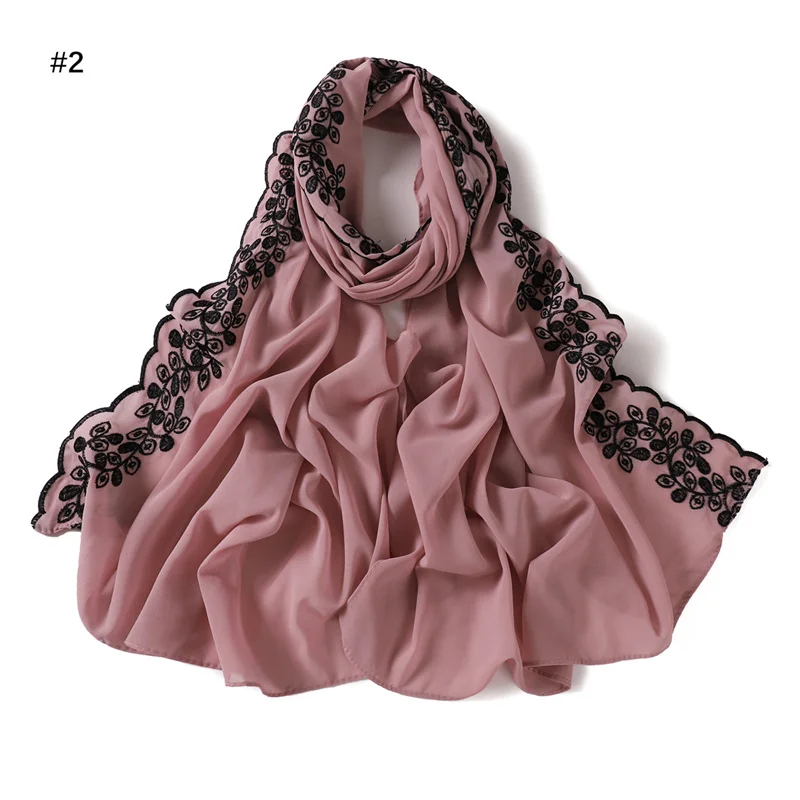 Simples bordado floral bolha chiffon hijab ramadan rendas ponto xales feminino protetor solar lenço ao ar livre à prova de vento cabeça envoltório