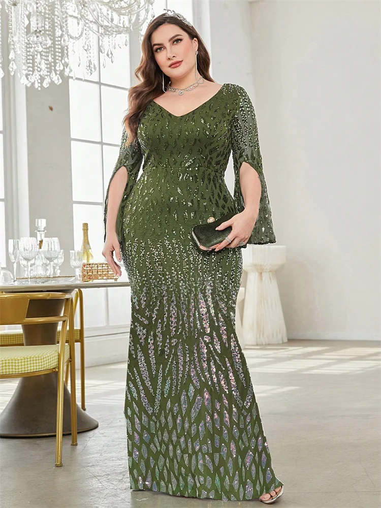 

Plus Size Green Elegant Sequin Black Evening Dresses 2025 Women Formal Maxi Prom Long Sleeves Party Luxury Cocktail Dress