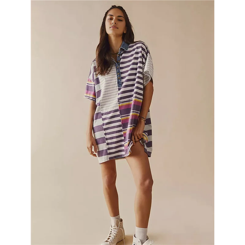 ABRT-여성 대비 스트라이프 Babydoll Y2k 여름 패치 워크 티셔츠 드레스 빈티지 V 넥 반소매 드레스