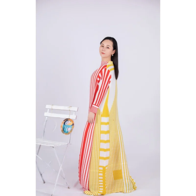 New Miyake Pleated Stripe Dress Fashion Relaxed Party Temperament Long Dresses 2023 Spring and Summer Elegant Women Clothing