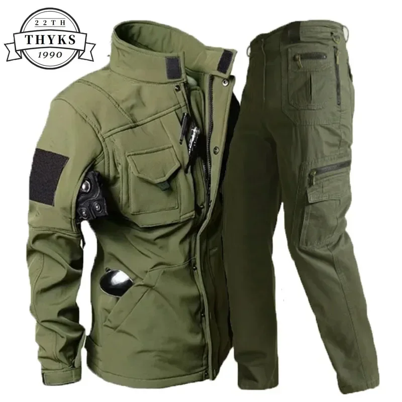 Outdoor Tactical Sets Men\'s Waterproof Windproof Soft Shell Jackets +cotton Multiple Pockets Pants Suit Casual Plus Size Suits