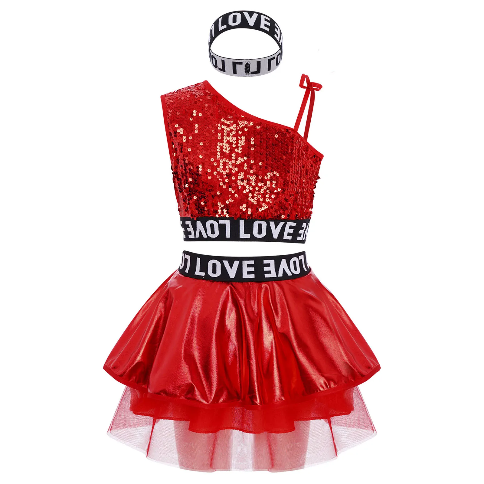 

Kids Girls 3-Piece Hip-Hop Jazz Dance Costume Sleeveless Sequins Vest with Metallic Tutu Skirt and Letter Printed Hairband Set