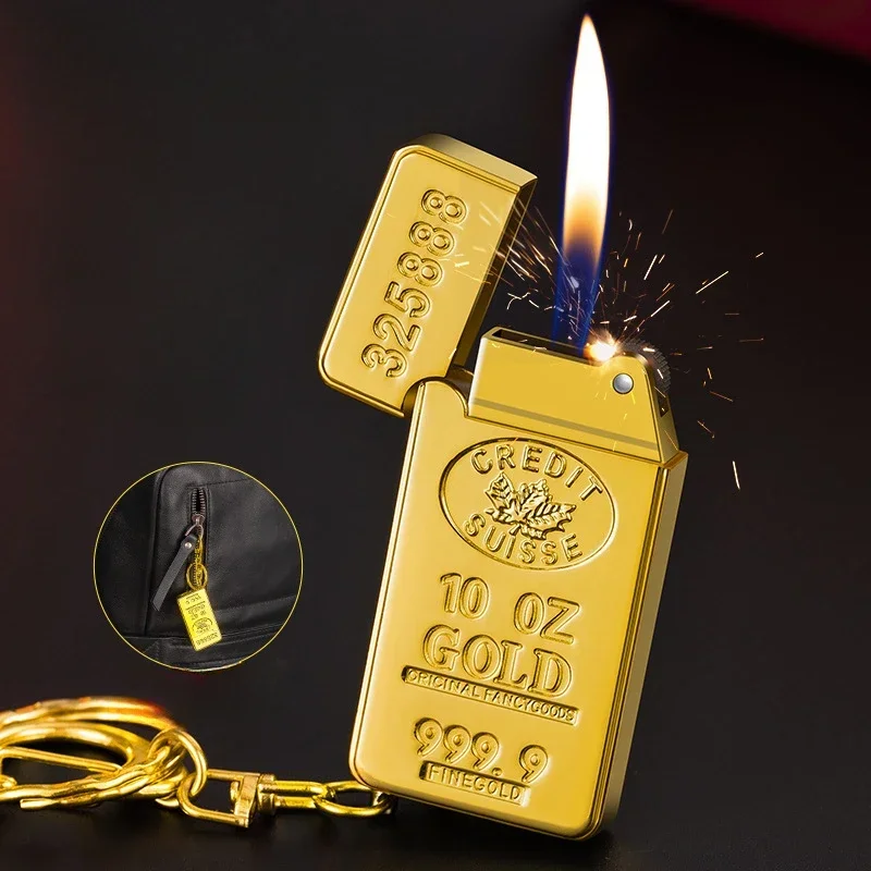 Luxury Metal Gold Bar Lighter Torch Jet Fire Butane Gas Lighter with Flash Light Inflated Cigarette Cigar Lighter Gadget for Man