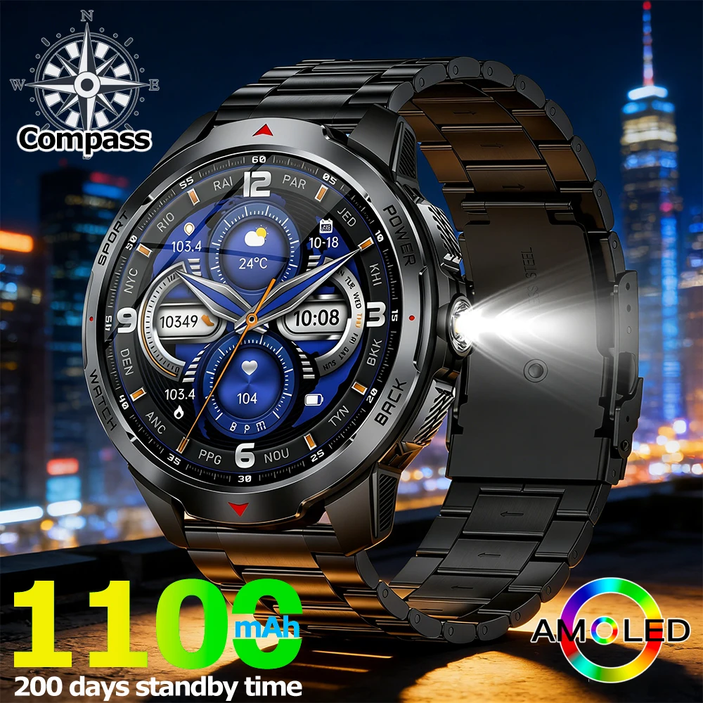 

LIGE New 1100mAh Battery Smart Watch With LED Flashlight Compass 3ATM Waterproof Sports Smartwatch Bluetooth Call Men's Watches