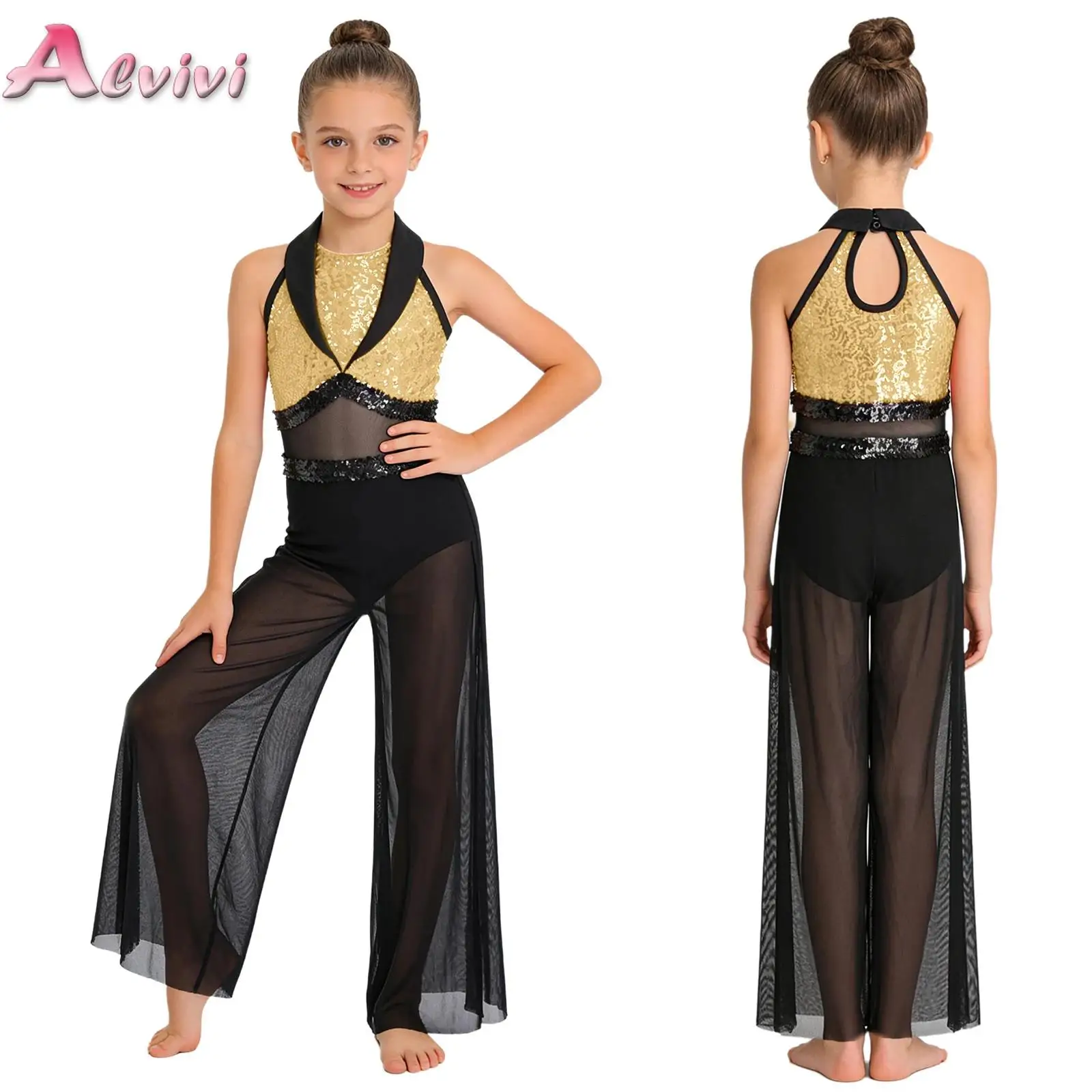 

Kids Girls Wide-leg Jumpsuit Sleeveless Color Block Shiny Sequin Built-in Briefs Mesh Bodysuit Jazz Lyrical Ballet Dance Unitard