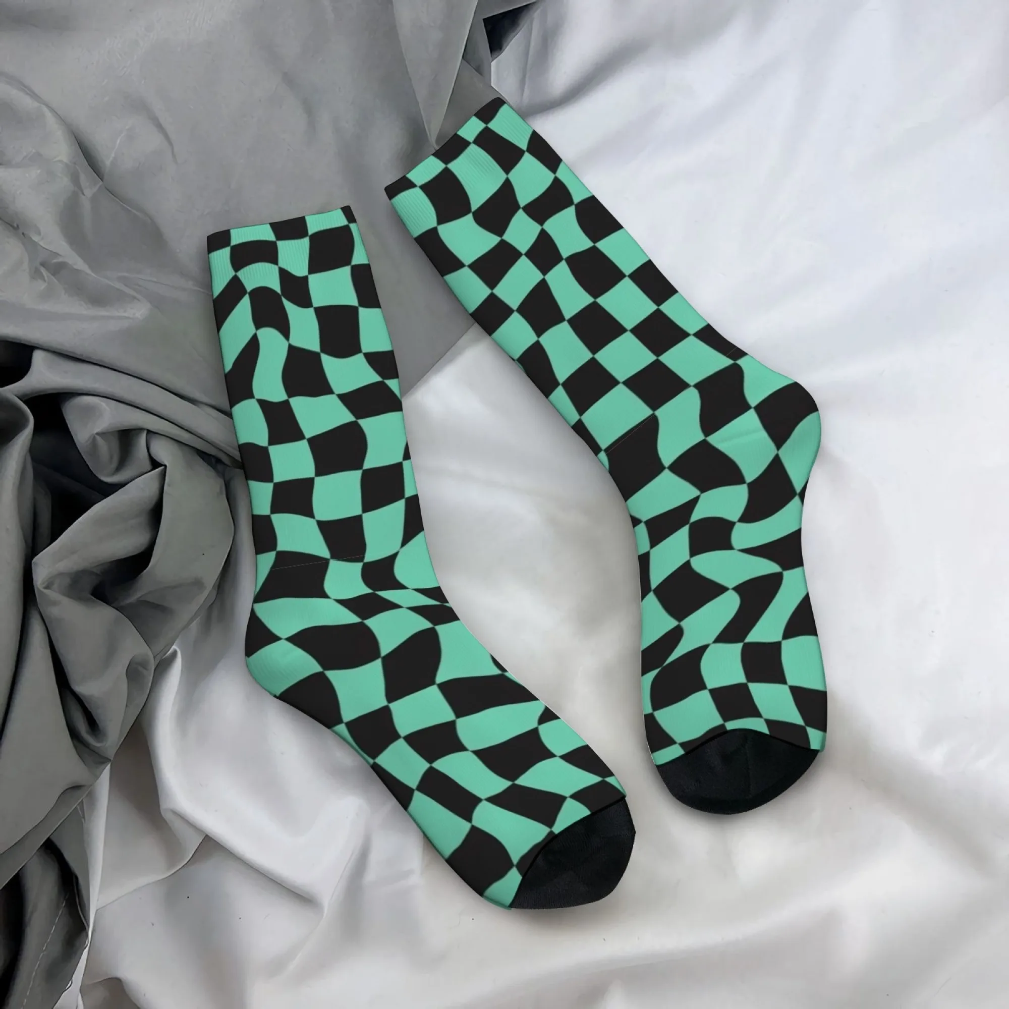 Twisted Wave Checkerboard Socks Durable Lightweight Smooth Men's Socks Cycling Hiking Camping Punk Harajuku Fashion Sports Socks