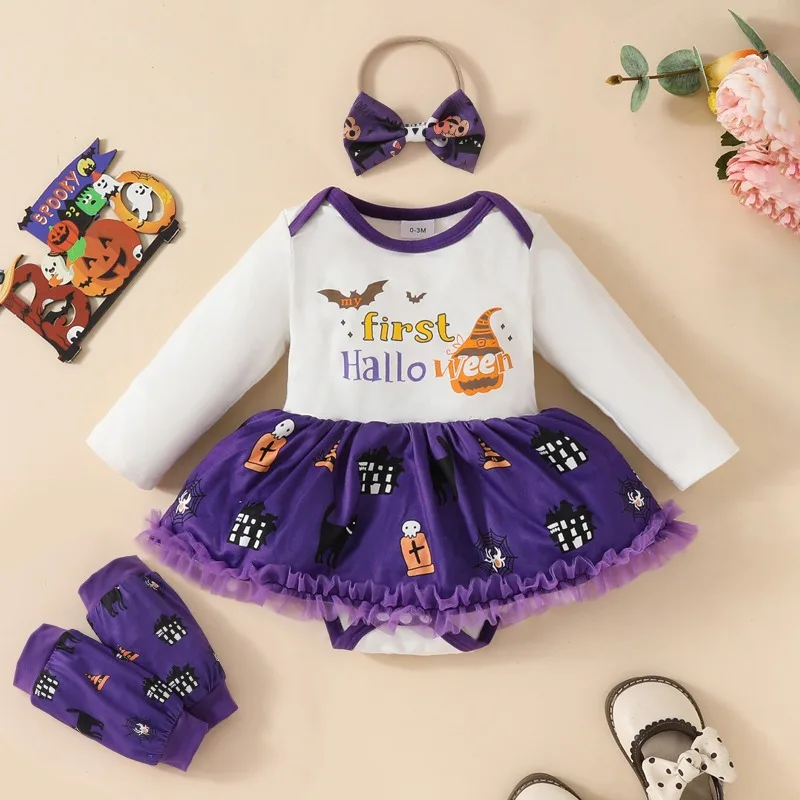 

Baby Girl Halloween Outfit 3Pcs Set Bodysuit Pumpkin Print Tulle Skirt Foot Cover Bow Headband Purple Ghost Cute Dress Jumpsuits