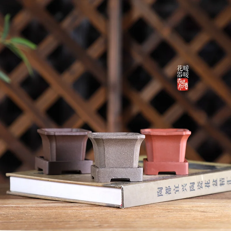 

Ceramic Square Bonsai Pot With Base Nature Color Tradition Chinese Shape Garden Home Table Decoration