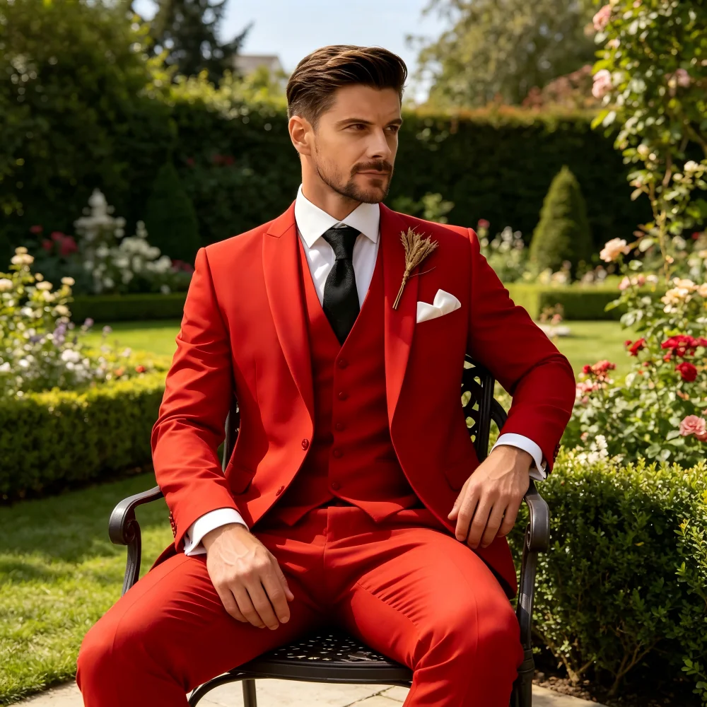 

Italian Men's 3-Piece Tuxedo Navy Blue Jacket Slim Fit Wedding Groomsmen Suit with White Vest And Lapel Cufflinks