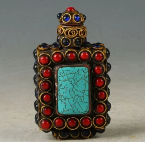 

TIBET VINTAGE COPPER INLAY TURQUOISE CORAL BEADS SNUFF BOTTLE