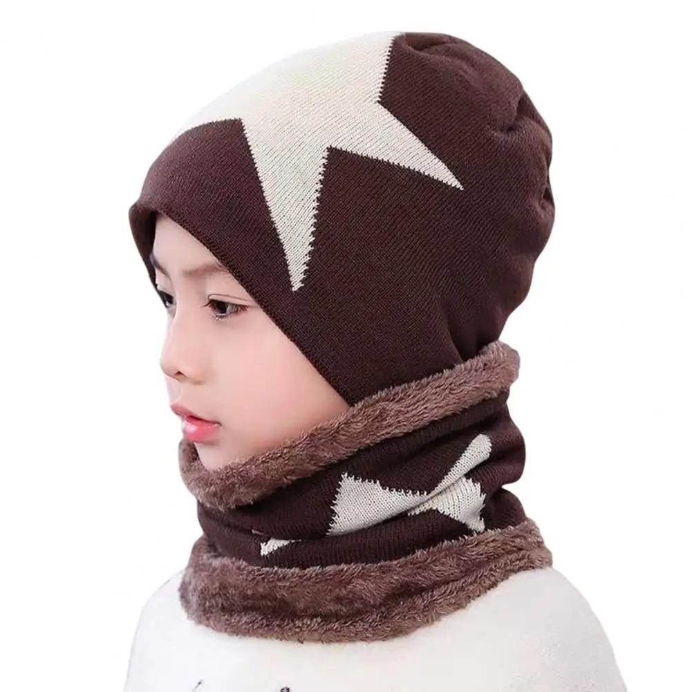 Lightweight Knitted Hat Neckerchief Skin-Touch Coldproof Stylish Cute Children Star Print Fleece Lined Hat Scarf Set