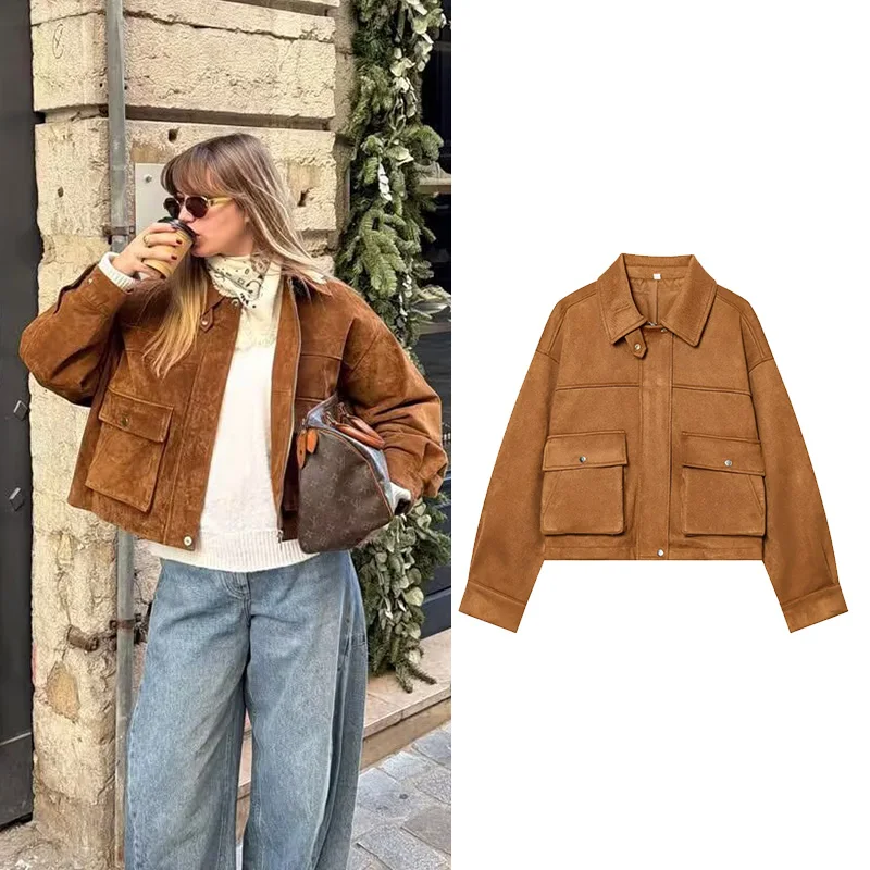 

Spring Women Faux Leather Bomber Jacket Fashion Front Patch Pockets Long Sleeve Zipper Lady Loose Coat Female Outerwear