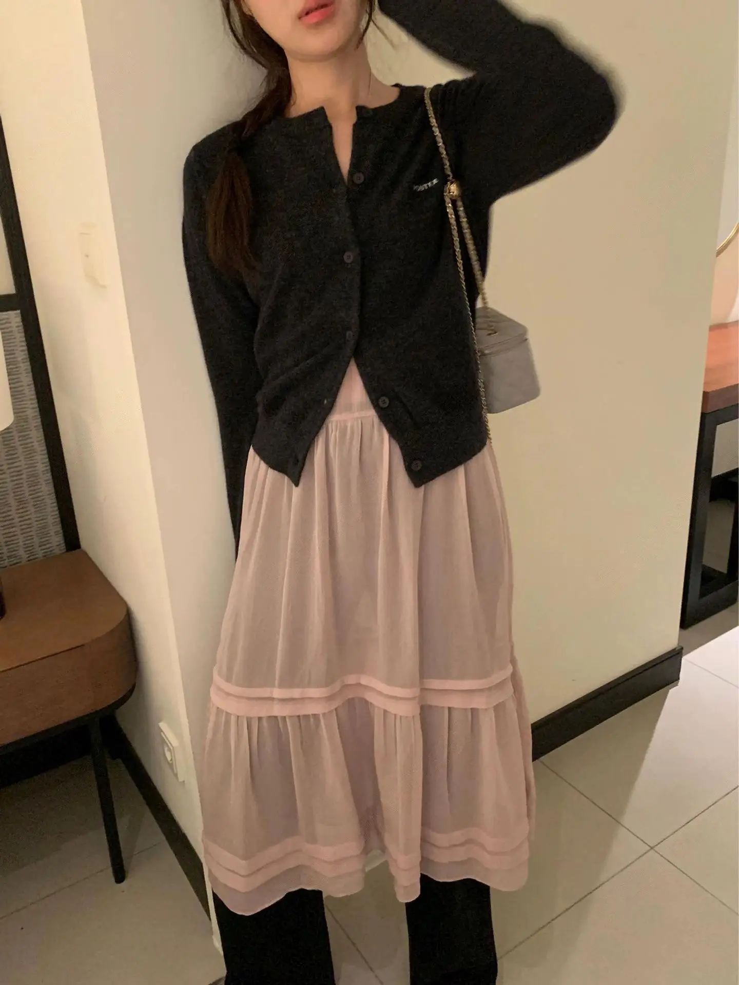 Gentle Lady Spring Dongdaemun See tough Overlap Strap Dr High Waist a Line Skirt Long Sve V Ne Single Button Closure