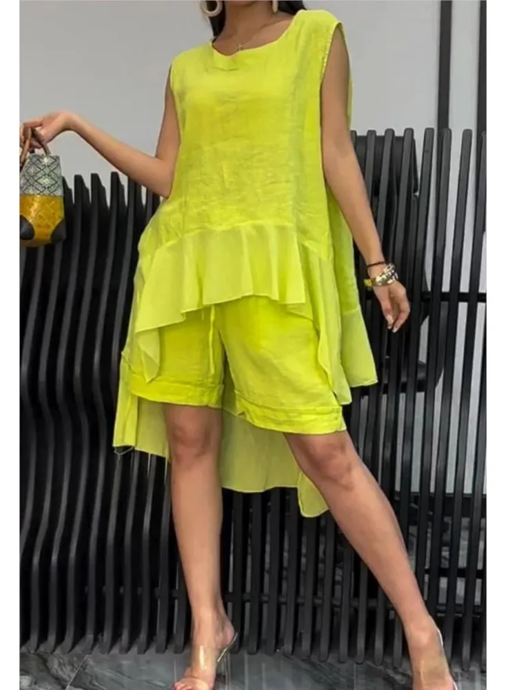 

New Casual Loose Shorts Two Piece Set Fashion Solid Sleeveless Ruffles Long Tops + Lace-up Shorts Suit Holiday Beach Lady Sets