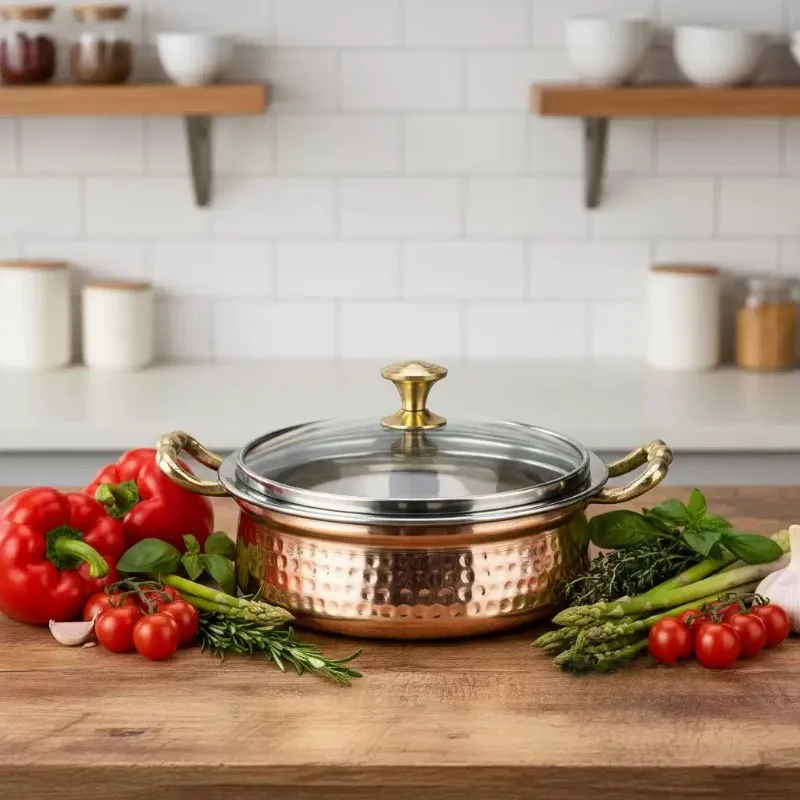 Brass binaural curry bowl with lid for easy anti-scalding handle, copper pot specialty hotel restaurant  1pcs