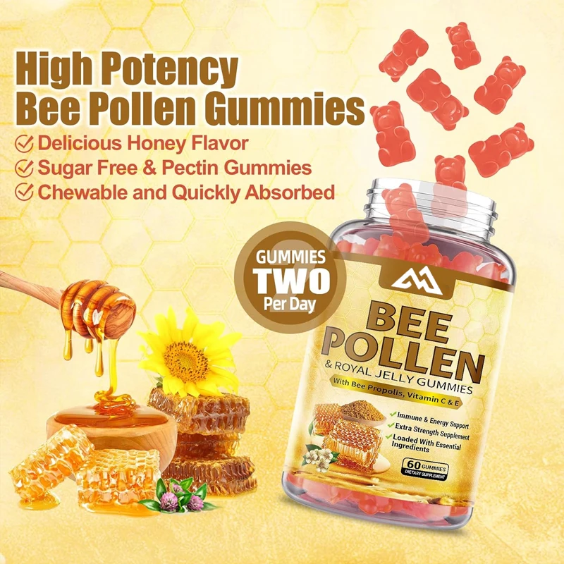 

Bee pollen organic gummies contain royal jellyand propolis supplements,rich in vitamins C and E,antioxidants to support immunity