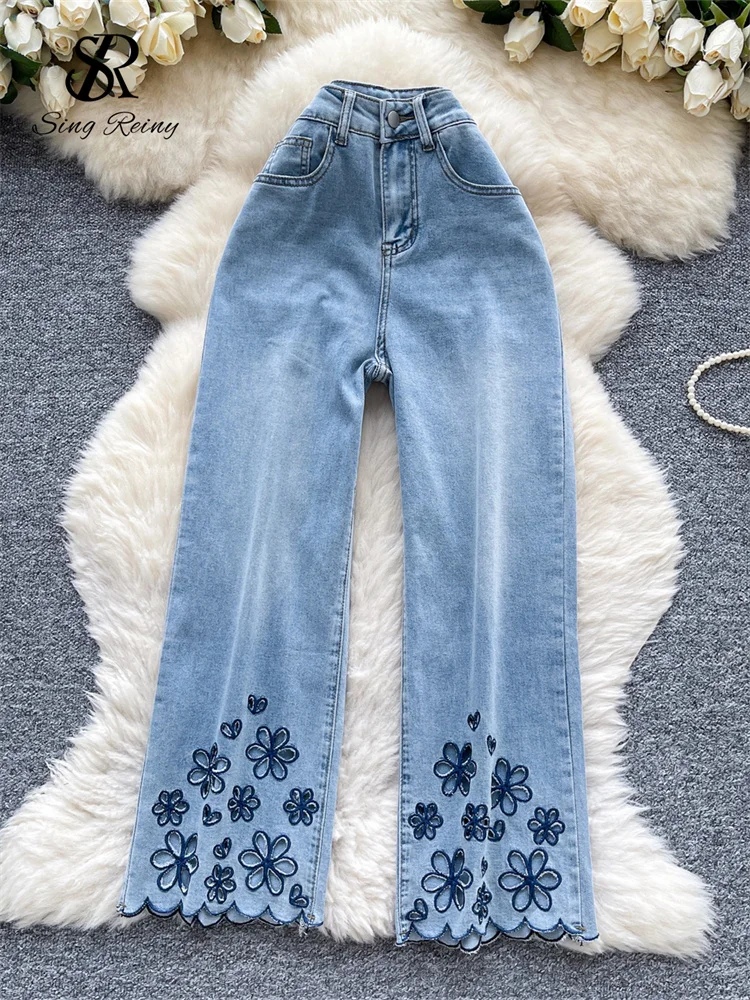 SINGREINY, pantalones vaqueros Retro americanos, pantalones de piernas anchas con diseño de botones y cremallera para mujer, pantalones vaqueros lisos con flores bordadas a la moda 2025