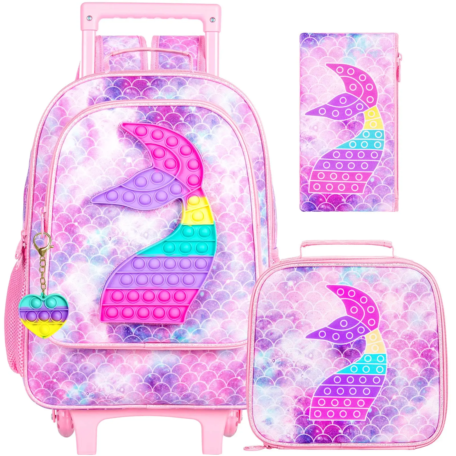 Rolling Backpack for Girls and Boys,Kids Unicorn Dinosaur Bookbag with Roller Wheels, Suitcase School Bag Set