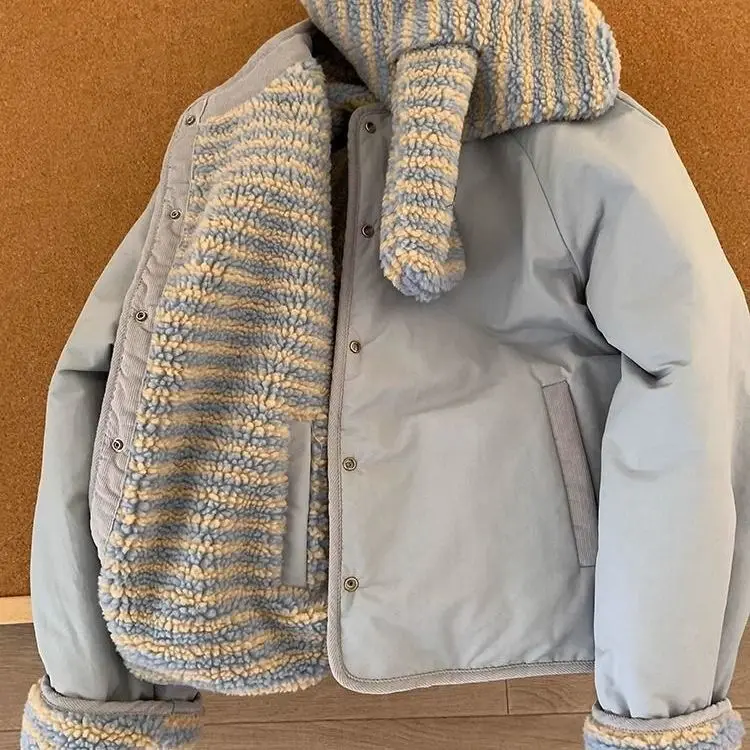 Double-Sided Casual Cotton Jacket Short Women's round Neck Winter New Style Loose Fit Korean Style T-Shirt Standard Edition