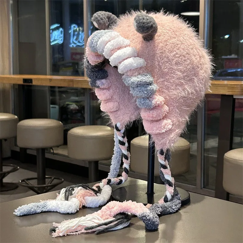 Funny Monster Furry Hat for Women Autumn Winter Knitted  with Braid Warm Ear Protection Hand Crochet Snail Hat Girl Gift H1