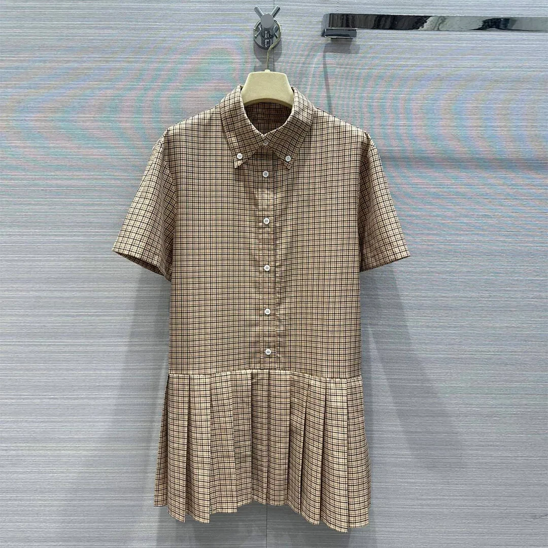 

Contrast Khaki Small Plaid Preppy Style Shirt Dress Women Lapel Short Sleeve Single Breasted Pleated Patchwork Sweet Dresses