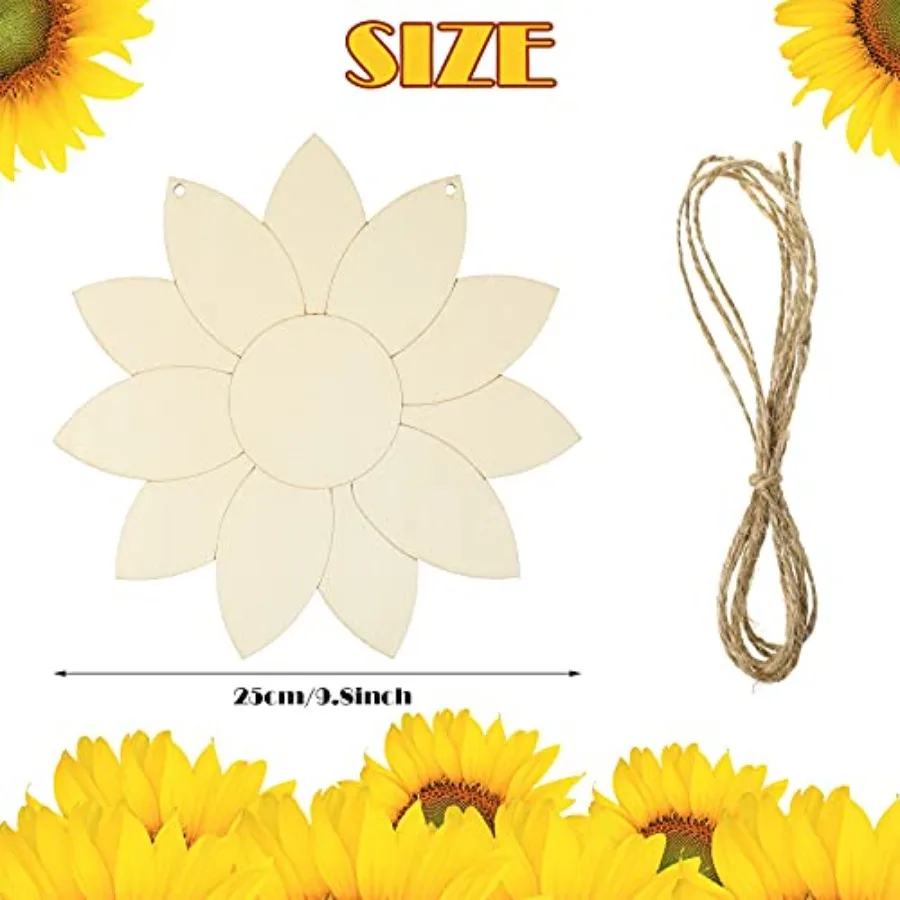 4 Pcs Sunflower Wood Door Hanger Unfinished Sunflower Wood Cutouts Paintable Rustic Welcome Sign with Hanging Rope for Summer F