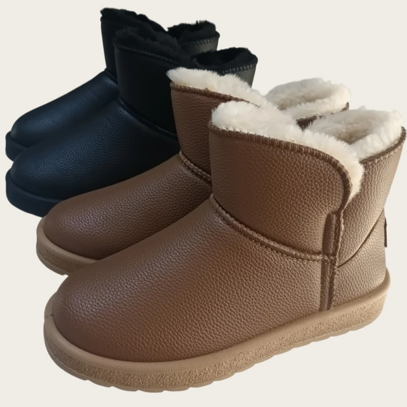 New Winter Women Girls Snow Boots PU Leather Waterproof Faux Fur Lined Warm Ankle Boots Non-slip Bottom Outdoor Winter Shoes