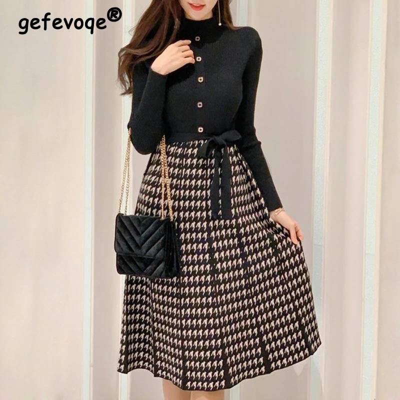 Women Korean Fashion Houndstooth Bow Lace Up Elegant Chic Knitted Dresses Autumn Winter Half High Collar Slim Long Sleeve Dress