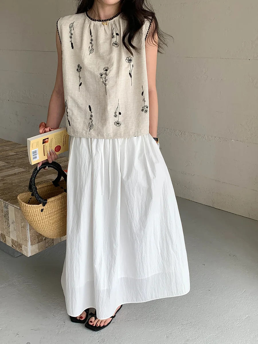 夏カジュアル花刺繍oネックリネンノースリーブシャツ女性は両面着用