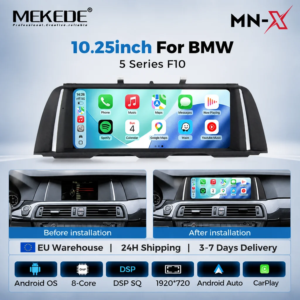 MEKEDE 10,25' Kabelloses CarPlay Android Auto Multimedia-Display für BMW 5er BMW F10 F11 2012-2017 CIC NBT System Android All-in-One Autoradio 8-Kern GPS-Navigation Unterstützt Dual-System-Umschaltung