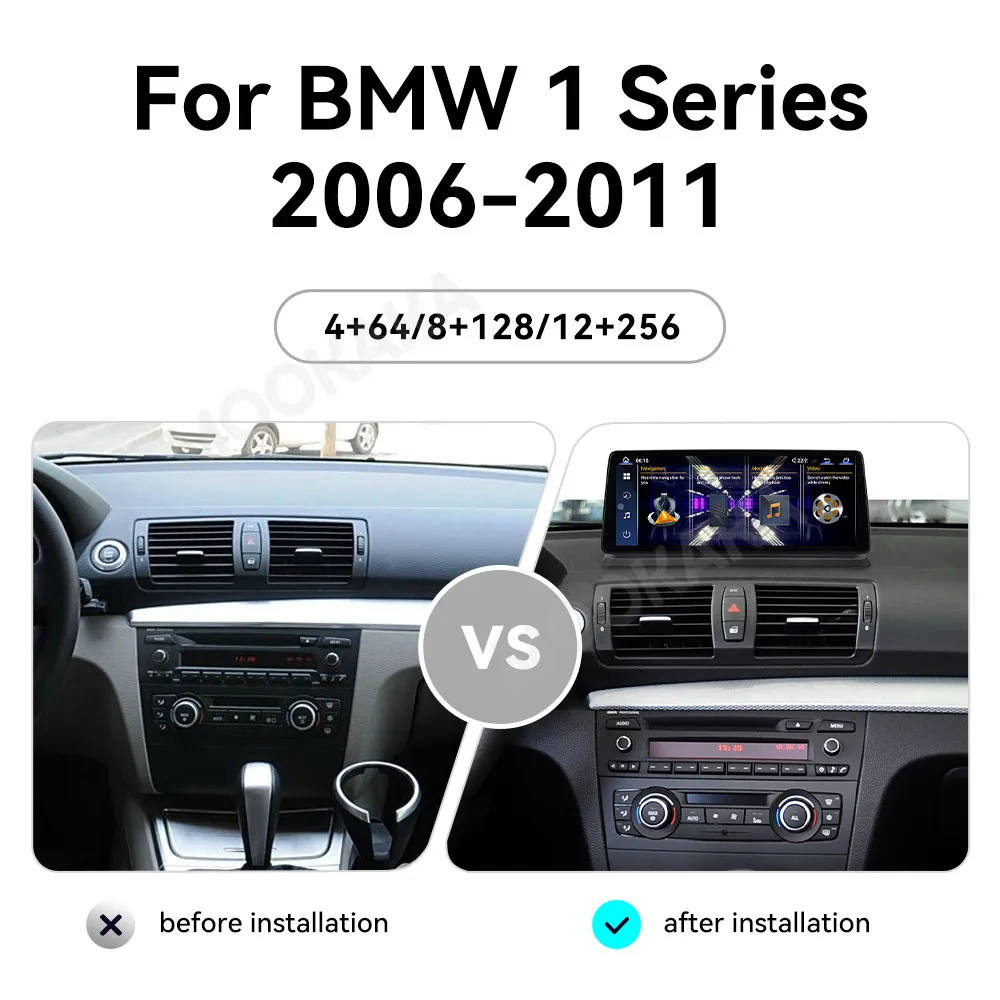

12,9-дюймовый беспроводной Apple CarPlay Android 13 Auto для BMW 1 серии E81 E82 E87 E88 2006-2011, мультимедийный плеер, экранная головка