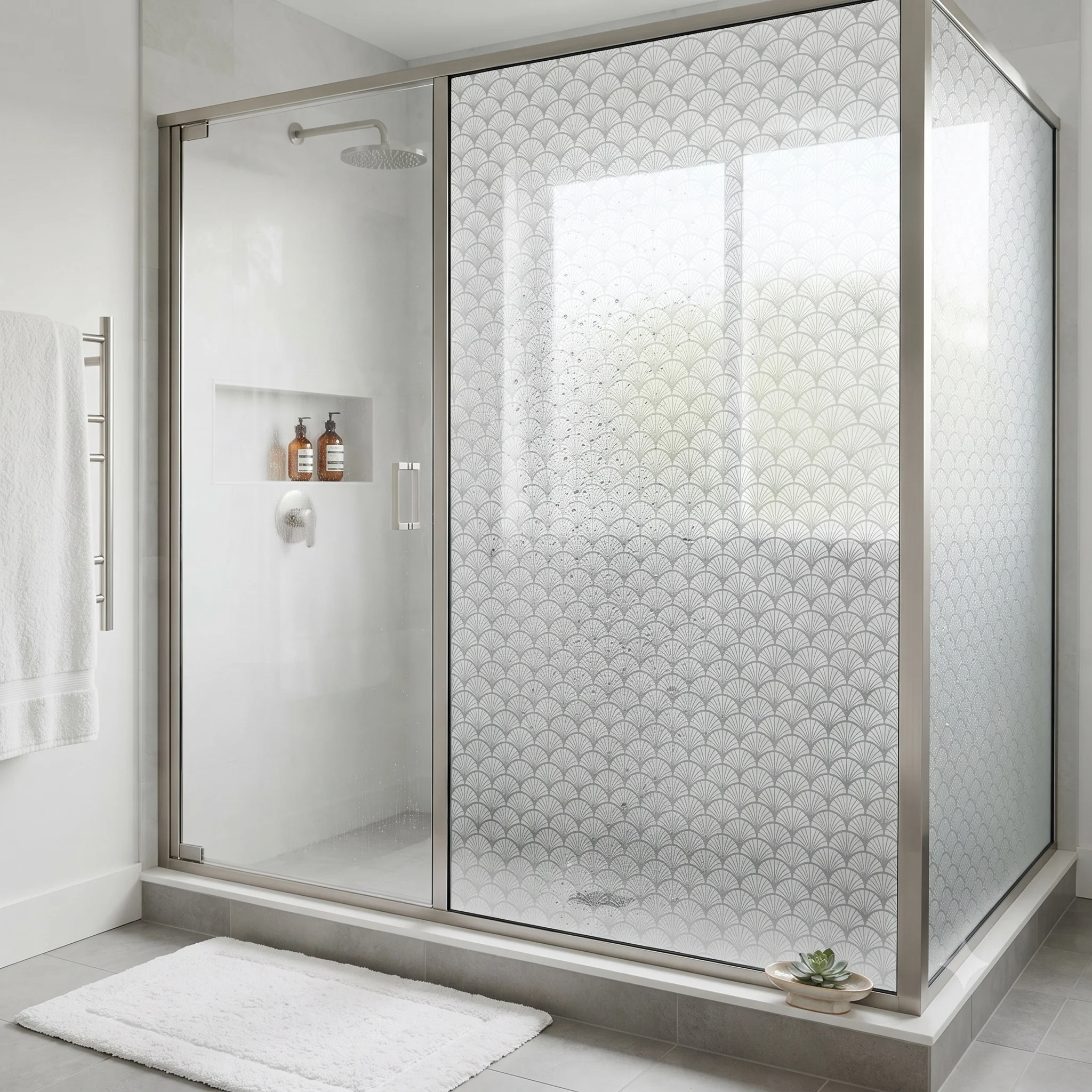 Art Deco Fan Pattern Self-Adhesive Window Film Privacy Decorative Glass Sticker Waterproof Anti-UV for Bathroom Shower Door Home